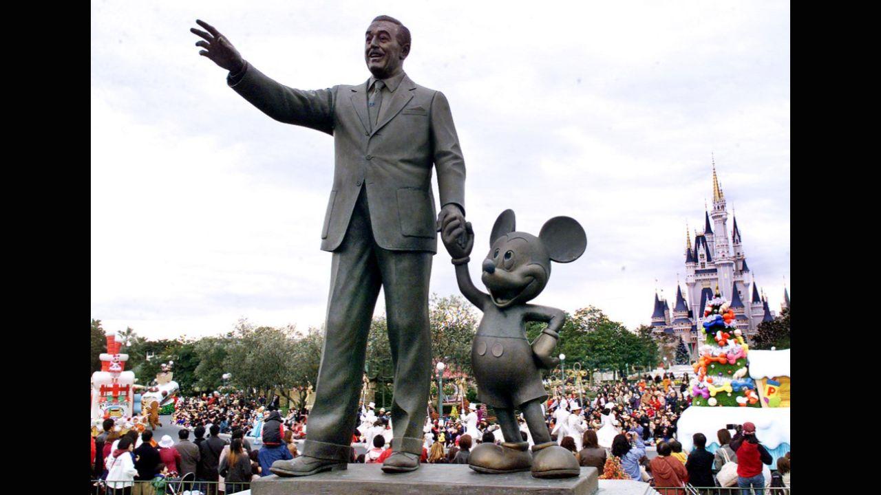 The first ever cartoon character to get a star on the Hollywood Walk of Fame, Mickey was added to the renowned venue on November 18, 1978. Walt Disney and Mickey Mouse have had international tributes too. For example, see their statues standing at the Tokyo Disneyland in Urayasu city, suburban Tokyo while visitors enjoyed Disney characters' parade in 2001, around the centennial anniversary of Walt Disney's birth. Photo: AFP